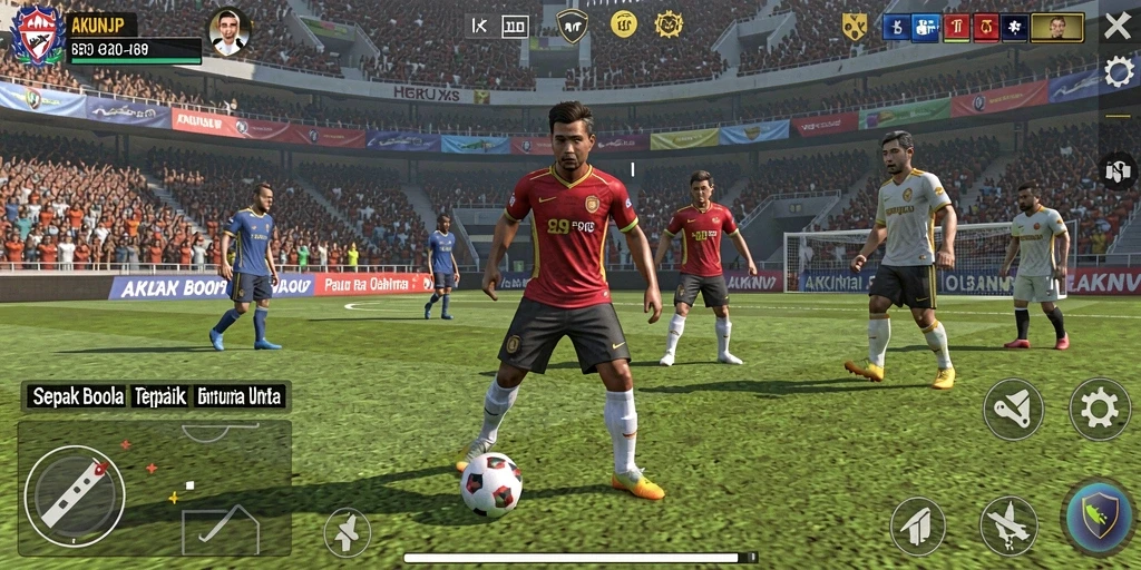 Screenshot menunjukkan gameplay sepak bola yang mendebarkan.