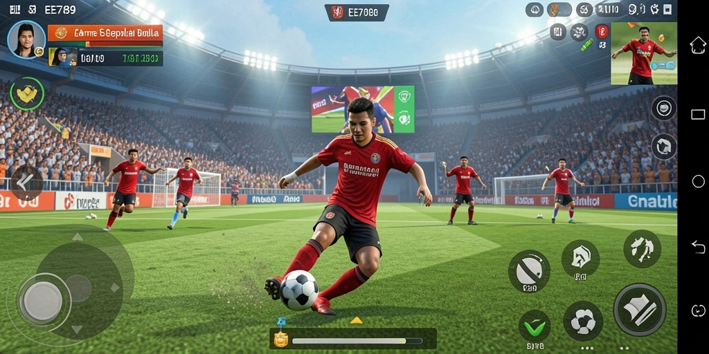 Tampilan gameplay seru dari permainan sepak bola yang mendebarkan.