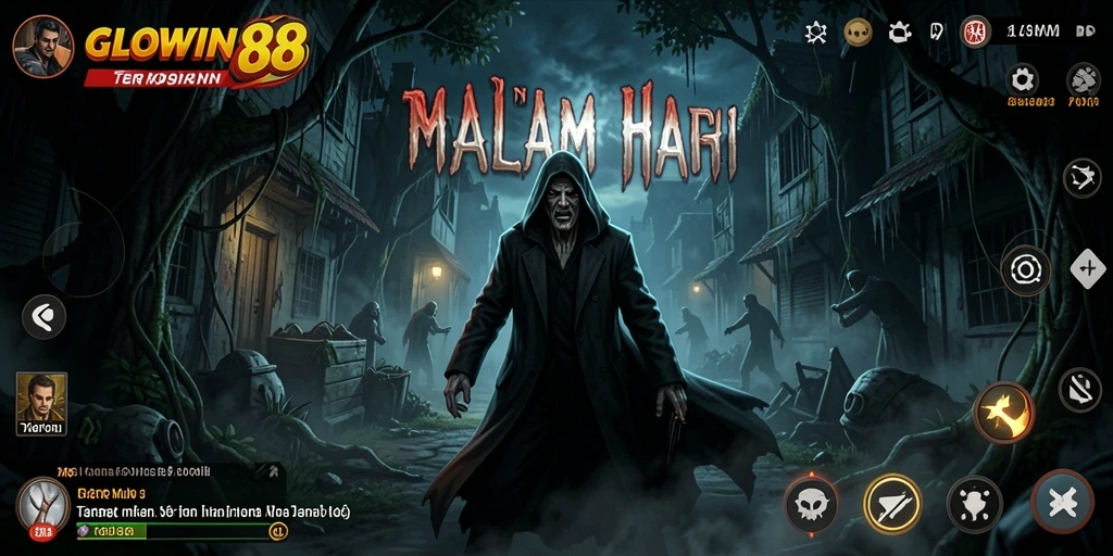 Screenshot gameplay GLOWIN88 menunjukkan suasana horror yang mencekam dan menyeramkan.