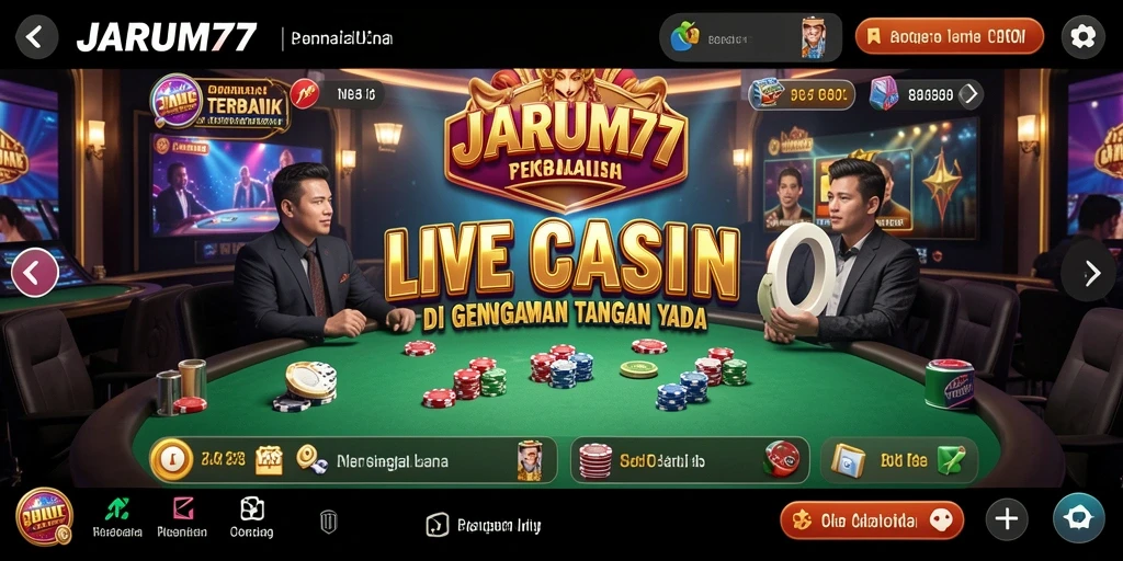 Screenshot gameplay JARUM77 menampilkan dealer profesional dan suasana kasino yang mendebarkan.