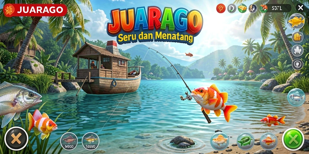 Gameplay JUARAGO menampilkan keseruan memancing di berbagai lokasi.