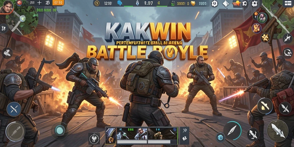 Screenshot utama KAKWIN menampilkan aksi pertempuran seru di arena Battle Royale.