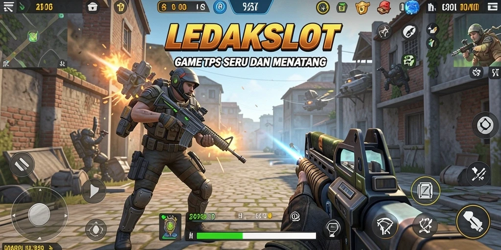 Screenshot LEDAKSLOT menampilkan aksi tembak-menembak yang mendebarkan.