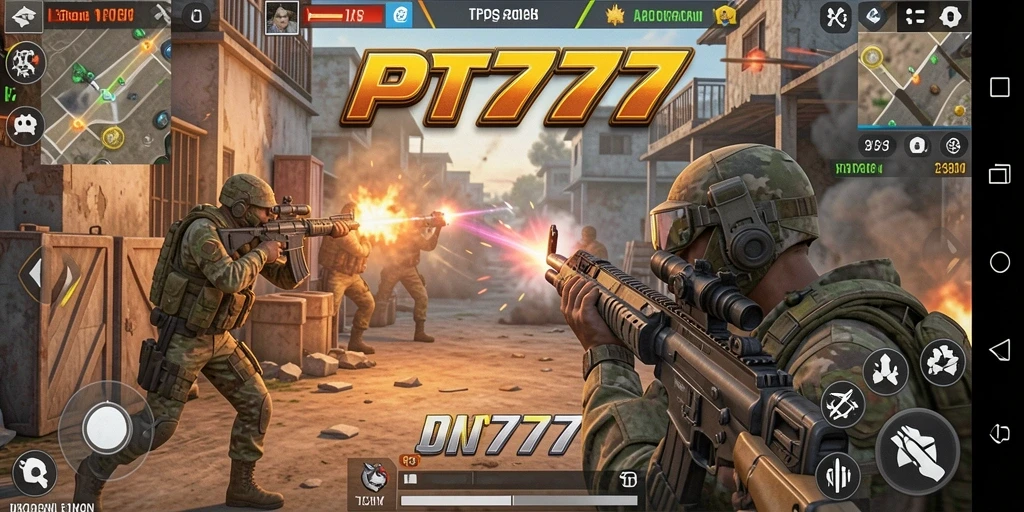 Tangkapan layar gameplay PT777 menampilkan aksi tembak-menembak yang intens.