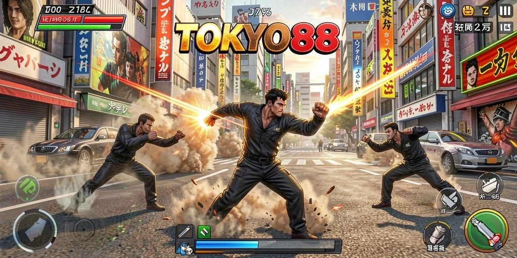 Gameplay aksi mendebarkan di TOKYO88, penuh dengan pertarungan intens.